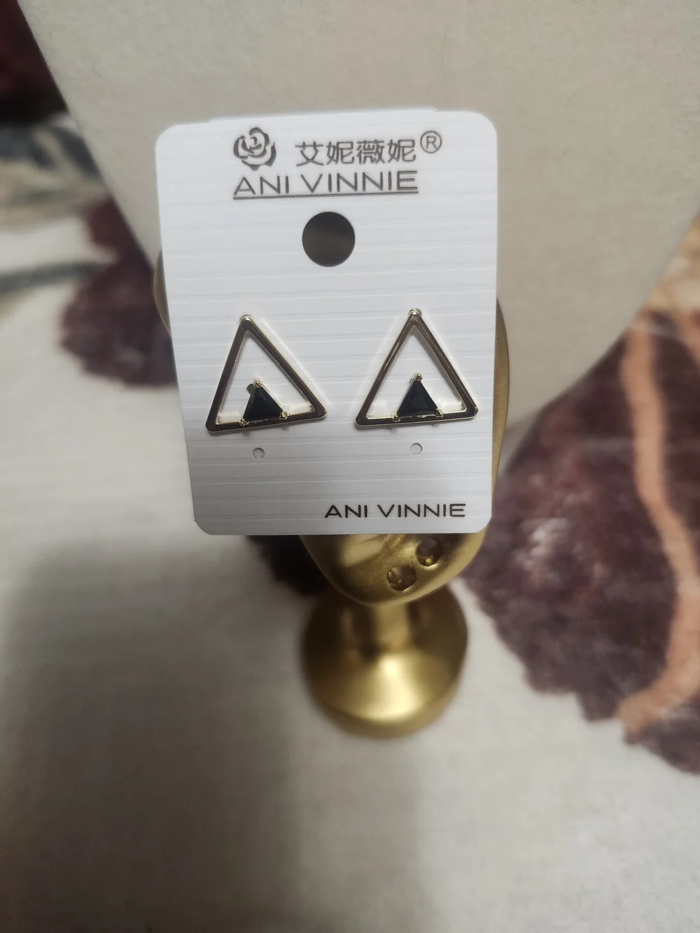 Gold Triangle Stud Earrings with Black Center